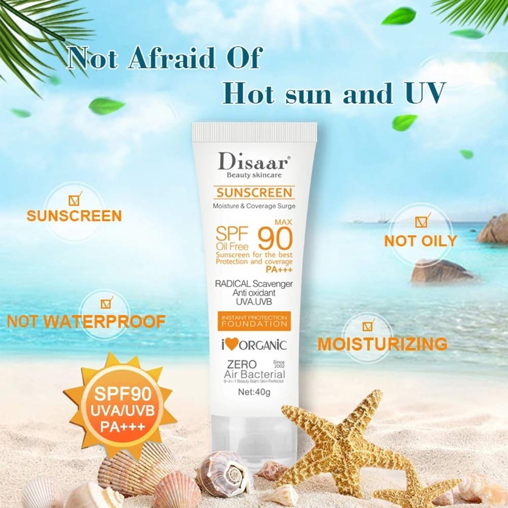 Picture of Disaar Oil Free Sunscreen SPF90 PA+++ Sunscreen Foundation Instant Protection UVA UVB PA+++ Oil Free Sunblock Cover Protect Perfectly Moisturizing Coverage Surge 40g - Multicolor