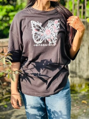 Picture of black export quality Droup Shoulder printed T-Shirts for Women
