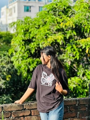 Picture of black export quality Droup Shoulder printed T-Shirts for Women