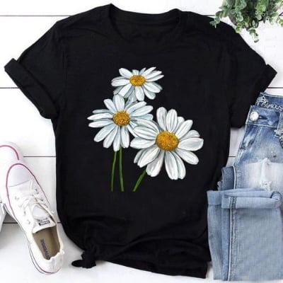 Picture of black export quality Droup Shoulder printed T-Shirts for Women
