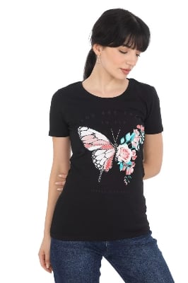 Picture of black export quality Droup Shoulder printed T-Shirts for Women