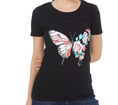 Picture of black export quality Droup Shoulder printed T-Shirts for Women