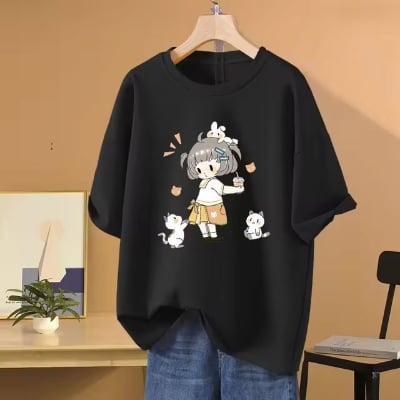 Picture of black export quality Droup Shoulder printed T-Shirts for Women