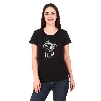 Picture of black export quality Droup Shoulder printed T-Shirts for Women
