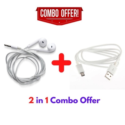 Picture of 2 in 1 Combo Offer High Quality In Ear Earphone for Android + Micro USB Cable - Headphone - HeadphoneWhite