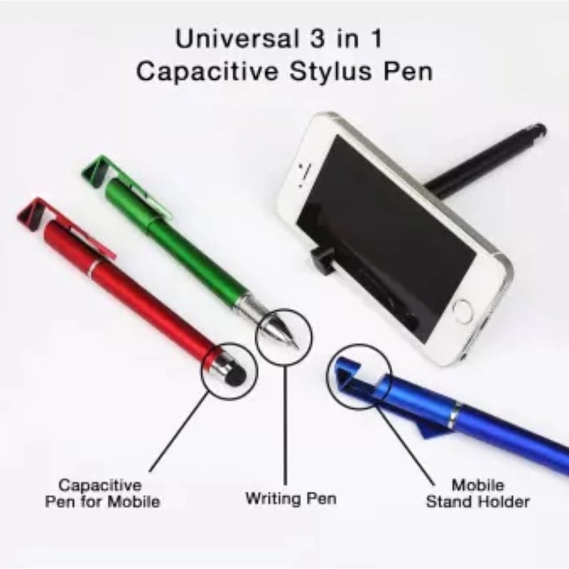 Picture of Universal 3 in 1 Capacitive Stylus Pen with Mobile Stand Holder, Writing Pen, Capacitive Pen for Mobile use, Compatible for Touch Pen- Stylus Pen- Random ColorMulticolor