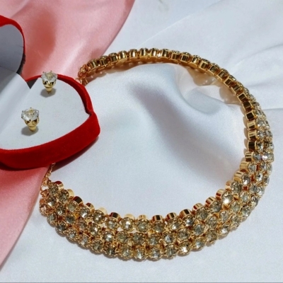 Picture of Gold Stone Choker Necklace set With Earring Wedding Bridalchoker necklace set (3 line Stone) For Women - Necklace For Girls - Necklace For GirlsGold