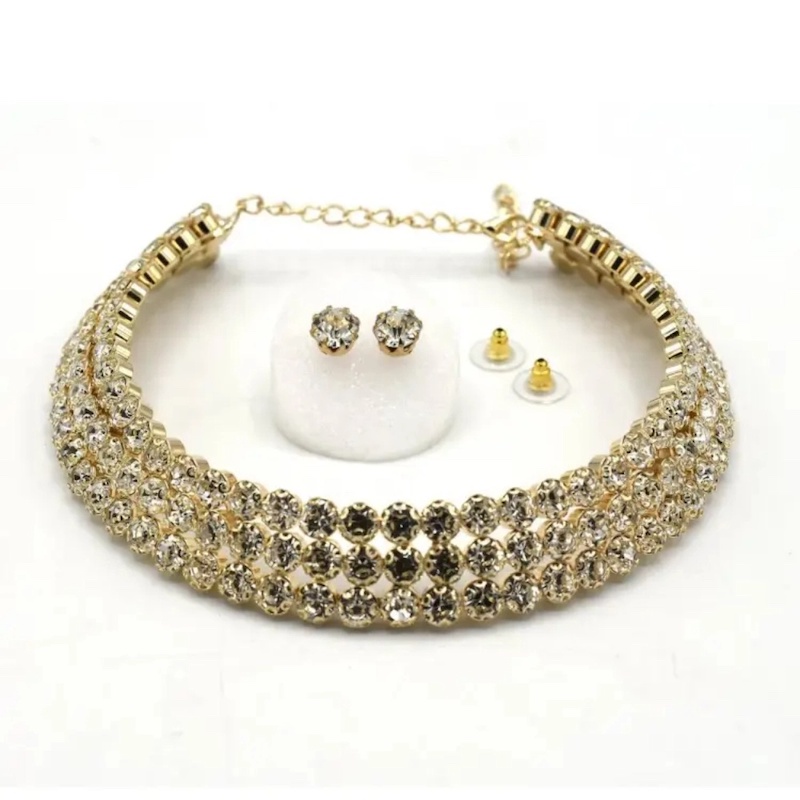 Picture of Gold Stone Choker Necklace set With Earring Wedding Bridalchoker necklace set (3 line Stone) For Women - Necklace For Girls - Necklace For GirlsGold
