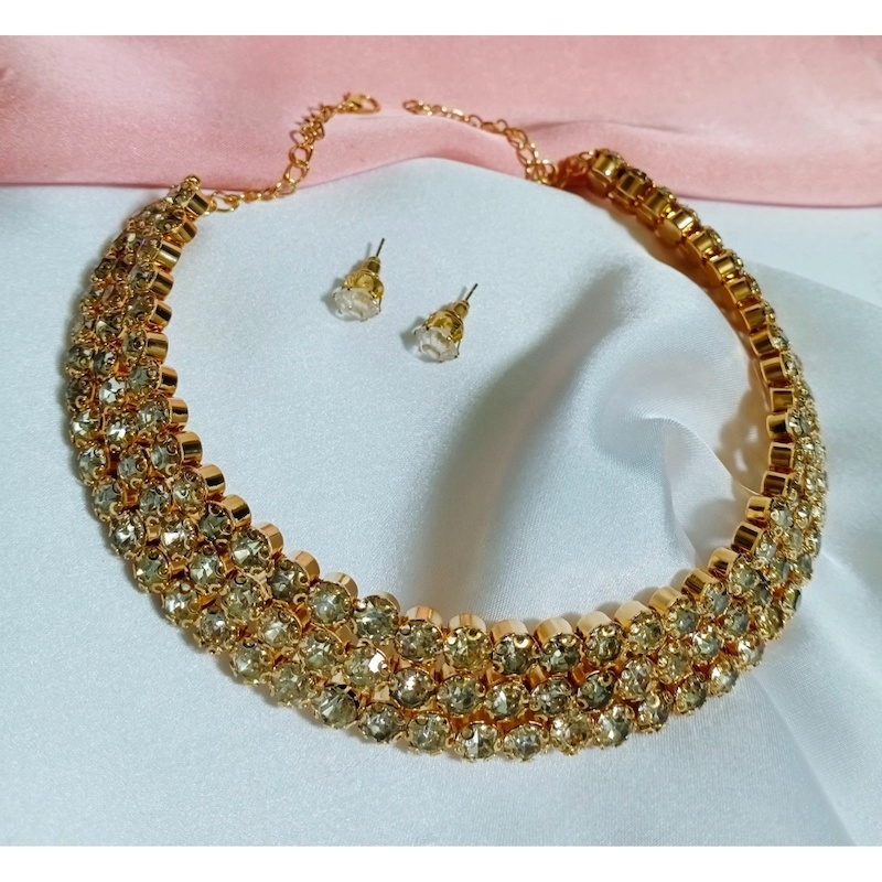 Picture of Gold Stone Choker Necklace set With Earring Wedding Bridalchoker necklace set (3 line Stone) For Women - Necklace For Girls - Necklace For GirlsGold