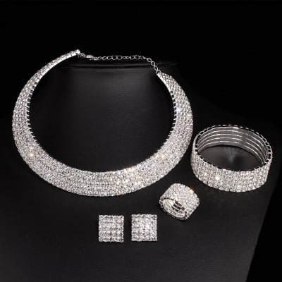 Picture of Luxury Romantic Crystal Wedding Jewelry Sets Silver Color Bridal Necklace Earrings Bracelets Ring Sets For Women - Necklace For GirlsSilver