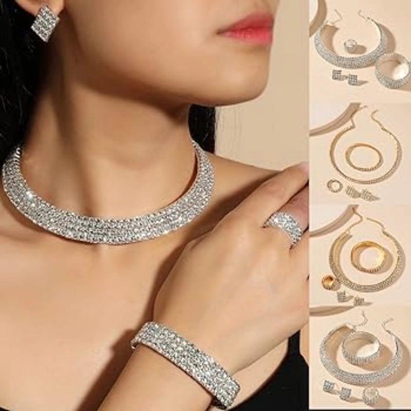Picture of Luxury Romantic Crystal Wedding Jewelry Sets Silver Color Bridal Necklace Earrings Bracelets Ring Sets For Women - Necklace For GirlsSilver