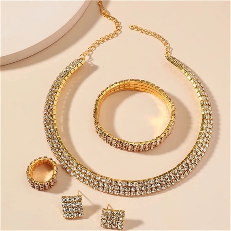 Picture of Luxury Romantic Crystal Wedding Jewelry Sets Gold Color Bridal Necklace Earrings Bracelets Ring Sets For Women - Necklace For GirlsGold
