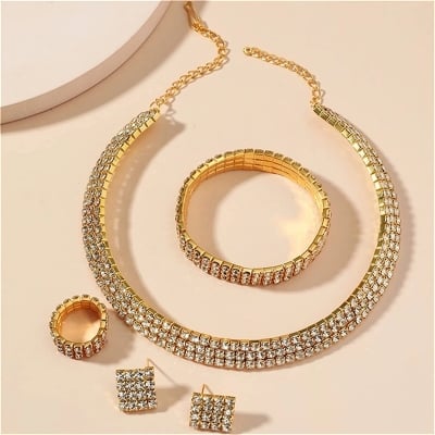 Picture of Luxury Romantic Crystal Wedding Jewelry Sets Gold Color Bridal Necklace Earrings Bracelets Ring Sets For Women - Necklace For GirlsGold