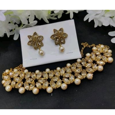 Picture of Traditional Neckless Fashion Wedding /Party Bridal Choker Necklace & Earrings Jewelery Set For Women - Necklace For GirlsGold