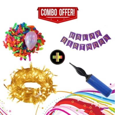 Picture of 4 in 1 Birthday Pack Combo Offer for Happy birthday Card Banner, Golden Fairy light, ballon Pumper & 200 Piece mini ballonMulticolor