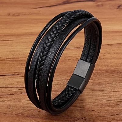 Picture of Leather Bracelet Men Stainless Steel Top Quality Jewelry Male Black Braided Fashion Black 21 CM