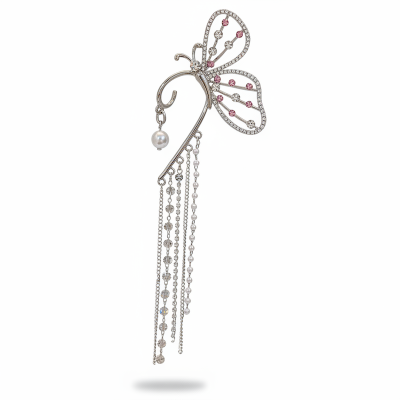 Picture of Korean Super Fairy Butterfly Tassel Earrings With Artificial Pearl Ear Clip White 