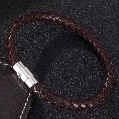 Picture of Men Brown Leather Charm Wristband Stainless Steel Magnetic Clasp Bracelet Brown Adjustable