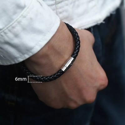 Picture of Men Black Leather Charm Wristband Stainless Steel Magnetic Clasp Bracelet Black Adjustable