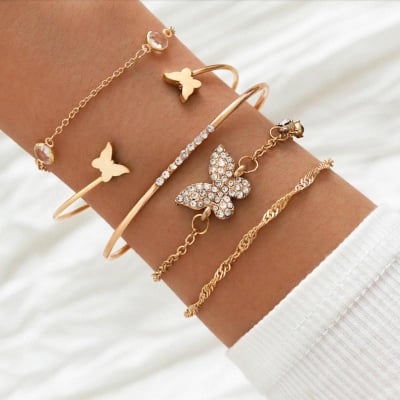Picture of New Golden Pearl Crystal Butterfly Bracelet Set For Women Gold 