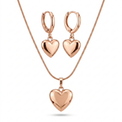 Picture of Fashion Golden Heart Pendant Earrings Necklace Bracelet Jewelry Set Gold 