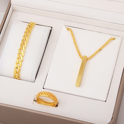 Picture of Golden Men's Sleek Stainless Steel Geometric Pendant Necklace -Necklace Bracelet & Ring Set for Men  