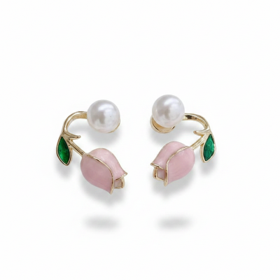 Picture of Pearl Tulip Flower Earrings for Women Pink Adjustable