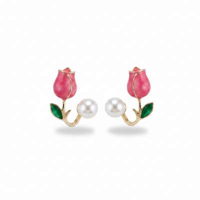 Picture of Pink Tulip Pearl Stud Earrings For Women Two Ways To Wear Ear Studs For Daily Life Party Jewelry Lightweight Ear Cuff Tulip Red Adjustable