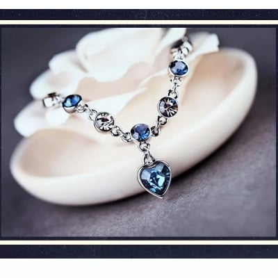 Picture of Japan Korea Elegant Blue Stone Crystal Love Bracelet  For Women Girls Sweet Colorful Flower Gold Color Metal Chain Bracelets Aesthetic Jewelry Blue 