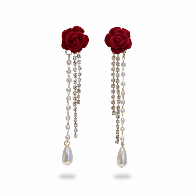 Picture of Red Flower Simulated-pearl Long Tassel Dangle Earrings for Women Red 