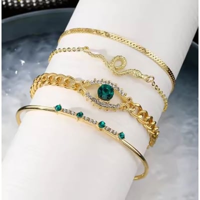 Picture of 4pcs/set Rhinestone Decor Bracelet Gold And Green For Women One Size Gold 