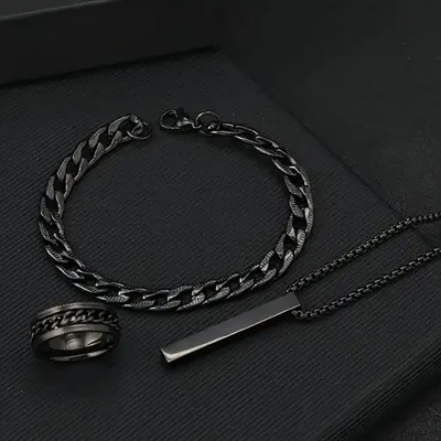 Picture of Fashionable Pendant Necklace, Bracelet & Ring Set for Everyday Chic Style-Combo Set  for Men Black 