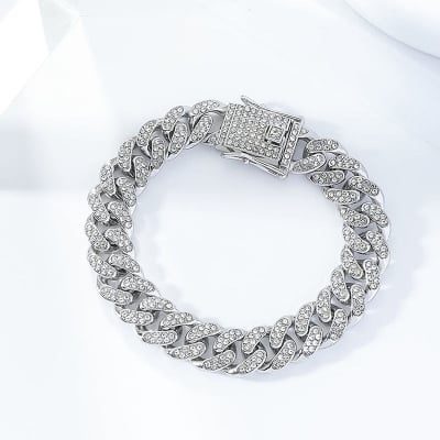 Picture of Trendsetter -Upscale Living -New style Men Cuban Link Chain Bracelet Shiny Rhinestone Inlaid Bangle Jewelry- Inventive Choice -For Men Silver 