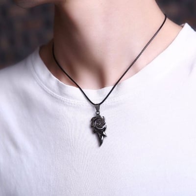 Picture of Leather Rope Men's Dragon Flame Stainless Steel Pendant Men Charm Necklace Jewelry Chain Gif For Men Black 