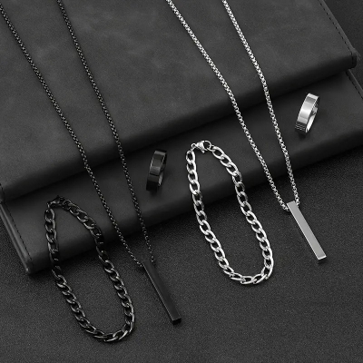 Picture of Stainless Steel Geometric Pendant Necklace -Necklace Bracelet & Ring Set for Men  