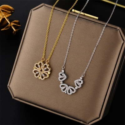 Picture of INTERNATIONAL Gold Foldable Pendant Necklace, Four Heart Two Diamond Pendant Chain Magnetic Leaf Shaped Necklace for Women & Girls  