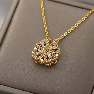 Picture of New Design Women Heart Clover Magnetic Pendant Necklace Dainty Girl Heart Necklace Cute Jewelry Gift for Women & Girls Gold 