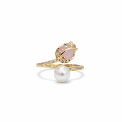 Picture of Pink Tulip Flower Ring  Rings for Teen Girls- Personality Fashion Cat's Eye Stone Tulip Flower Open Ring Gold 