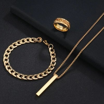 Picture of Golden Men's Sleek Stainless Steel Geometric Pendant Necklace -Necklace Bracelet & Ring Set for Men Gold 