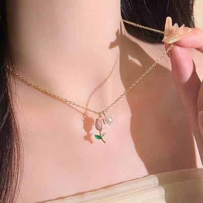 Picture of Cute Tulip Flower Shaped Pendant Peach Pearl Flower Chain For Women  