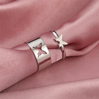 Picture of Butterfly Heart Rings for Women Men Lover Couple Ring Set Silver 