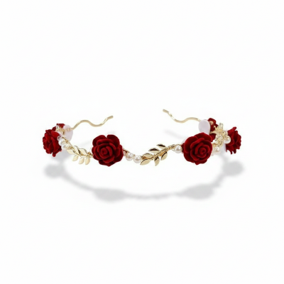 Picture of New Korean Crystal Flower Pearl Headband Beads Sweet Fashion Girl Thin Hair Band Hair Accessories Red 