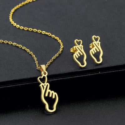 Picture of Korean Finger Heart Necklace and Earring Jewelry set Gold 