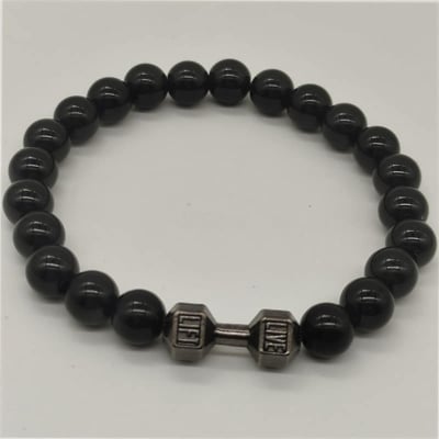 Picture of Stainless Steel  Black Stone Beaded Bracelet Fitness Fit Life Prayer Dumbbell Bracelets for Men Black 