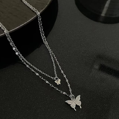 Picture of Silver Simple Brilliant Butterfly Pendant with Cubic Zirconia and Necklace Silver Adjustable