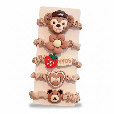 Picture of 5PCS Cute Flower Children Hair Ties Handmade Cloth Girl Bang Elastic Hair Bands Cartoon Kids Love Headwear Hair Accessories Set Brown Int: One size