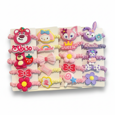 Picture of 5PCS Cute Flower Children Hair Ties Handmade Cloth Girl Bang Elastic Hair Bands Cartoon Kids Love Headwear Hair Accessories Set  Int: One size