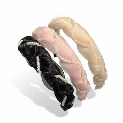 Picture of New Fashion White Pearl Pink Lace  French Hair Clip Headbands Hairbands  For Women  Int: One size