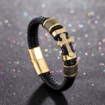 Picture of Men's Fashion Classic Black Woven Leather Inlaid Cross Magnetic Bracelet Gold Adjustable