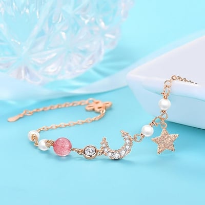 Picture of Korean Style Crystal Star Moon Charm Bracelets for Women Pink 